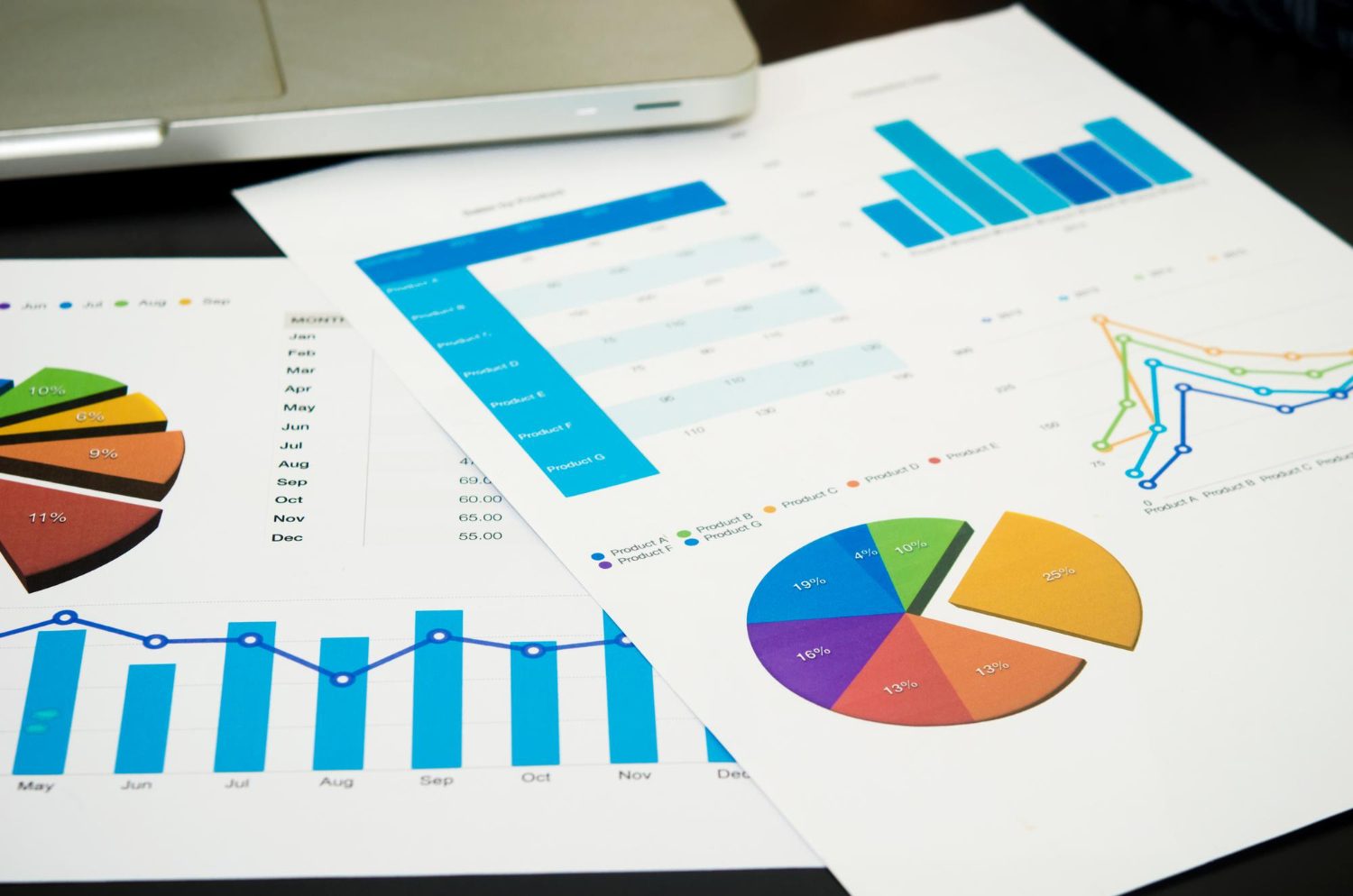 Colorful analytics metrics charts and reports on desk