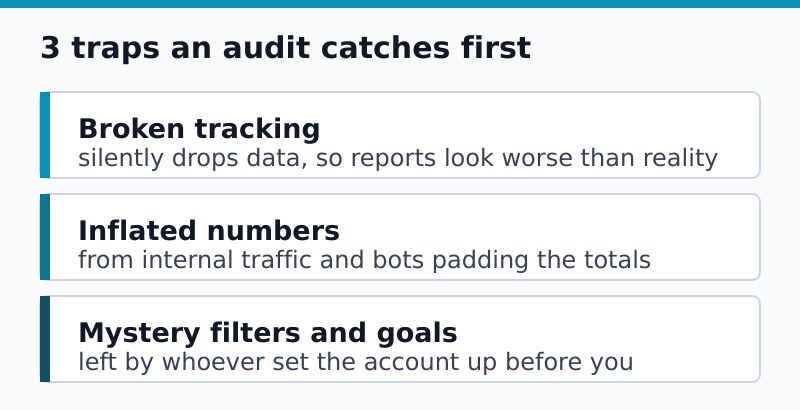 Diagram of three audit traps: broken tracking, inflated numbers, and mystery filters and goals